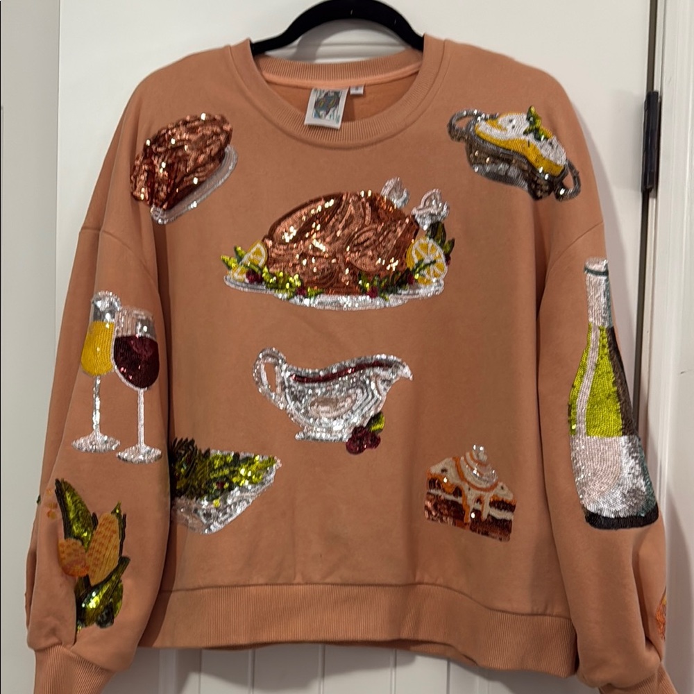 QUEEN OF SPARKLES Sequin Embellished Tan Sweater